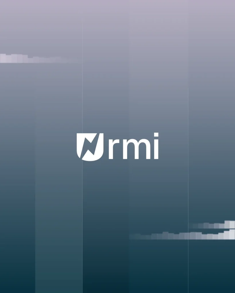 Urmi logo on petrol blue and lavender pixel artwork