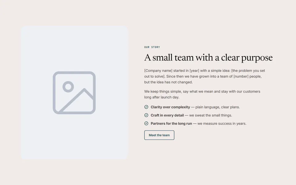 Preview of the “Our story with image” section pattern with its placeholder content