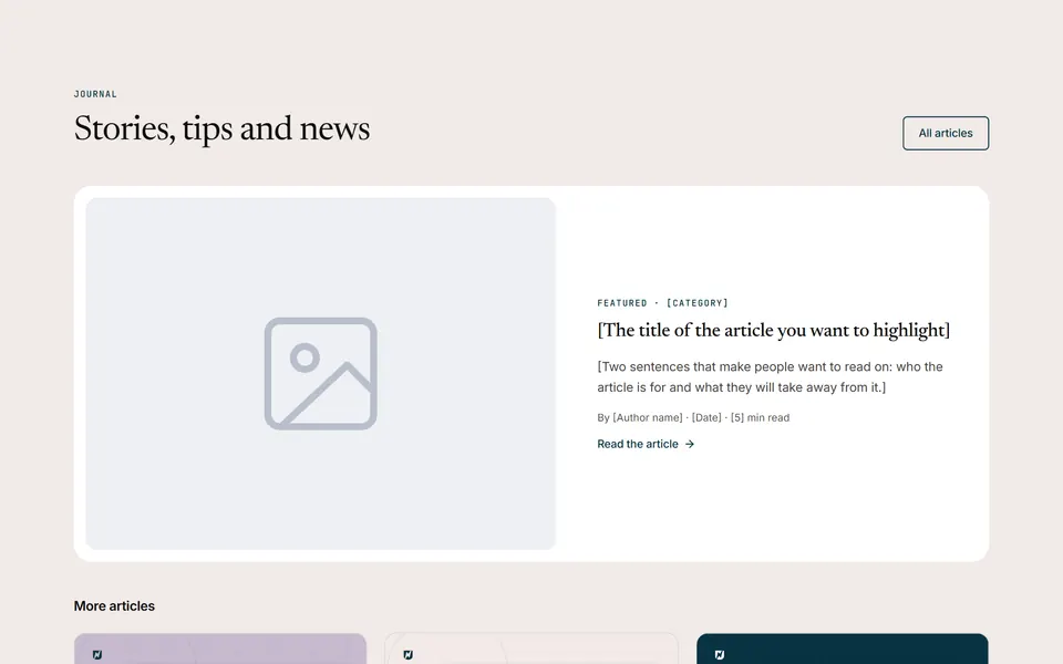 Preview of the “Featured post and latest posts” section pattern with its placeholder content
