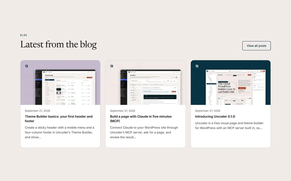 Preview of the “Latest posts” section pattern with its placeholder content