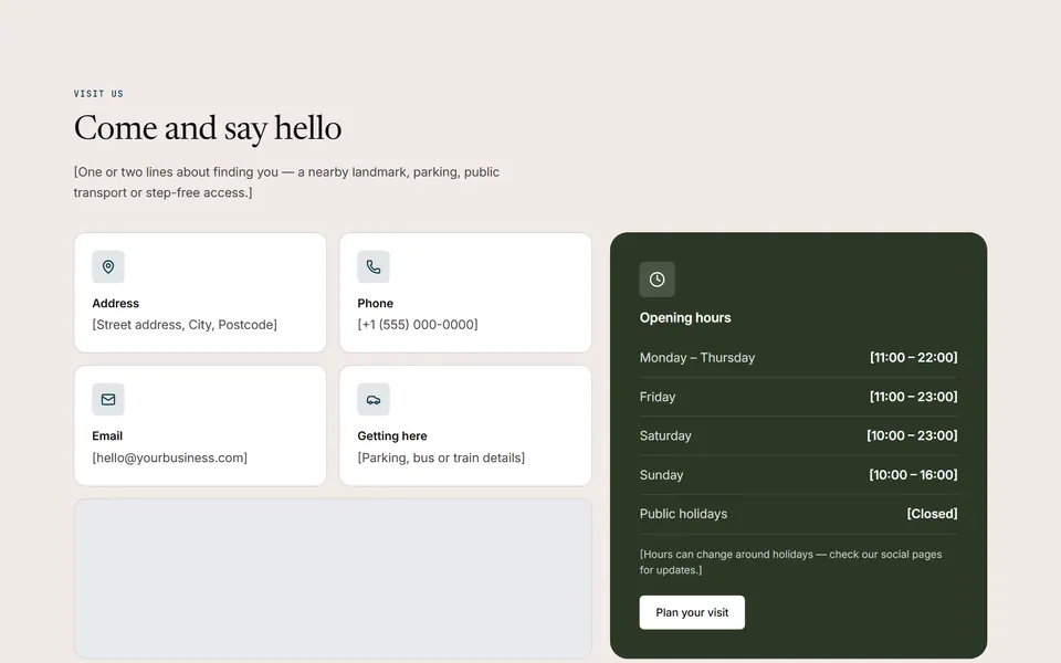 Preview of the “Info cards, map and opening hours” section pattern with its placeholder content