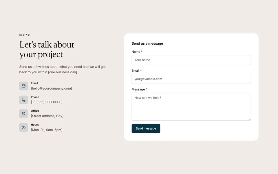 Preview of the “Details and form” section pattern with its placeholder content