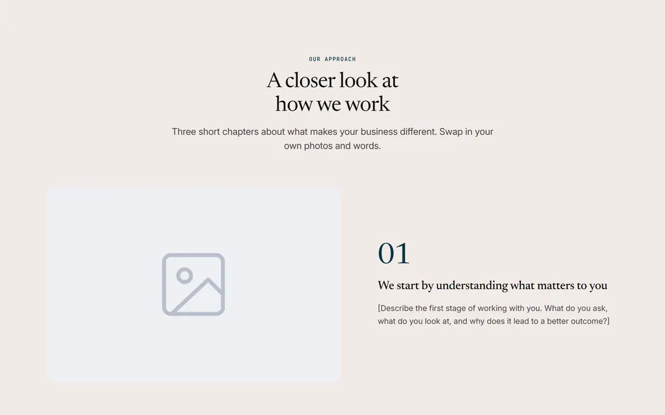 Preview of the “Zigzag story rows” section pattern with its placeholder content