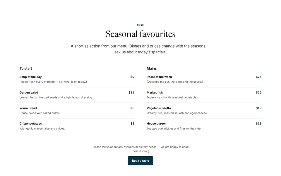 Preview of the “Menu or price list” section pattern with its placeholder content
