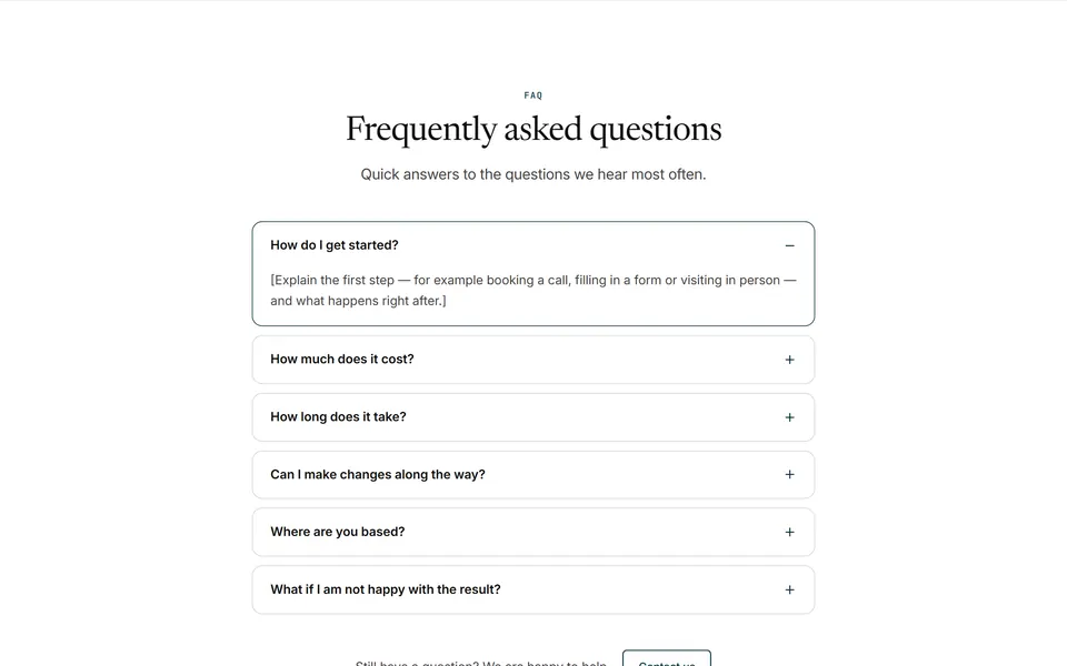 Preview of the “Centered accordion” section pattern with its placeholder content