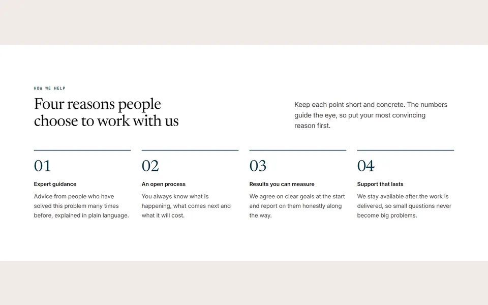 Preview of the “Numbered grid” section pattern with its placeholder content