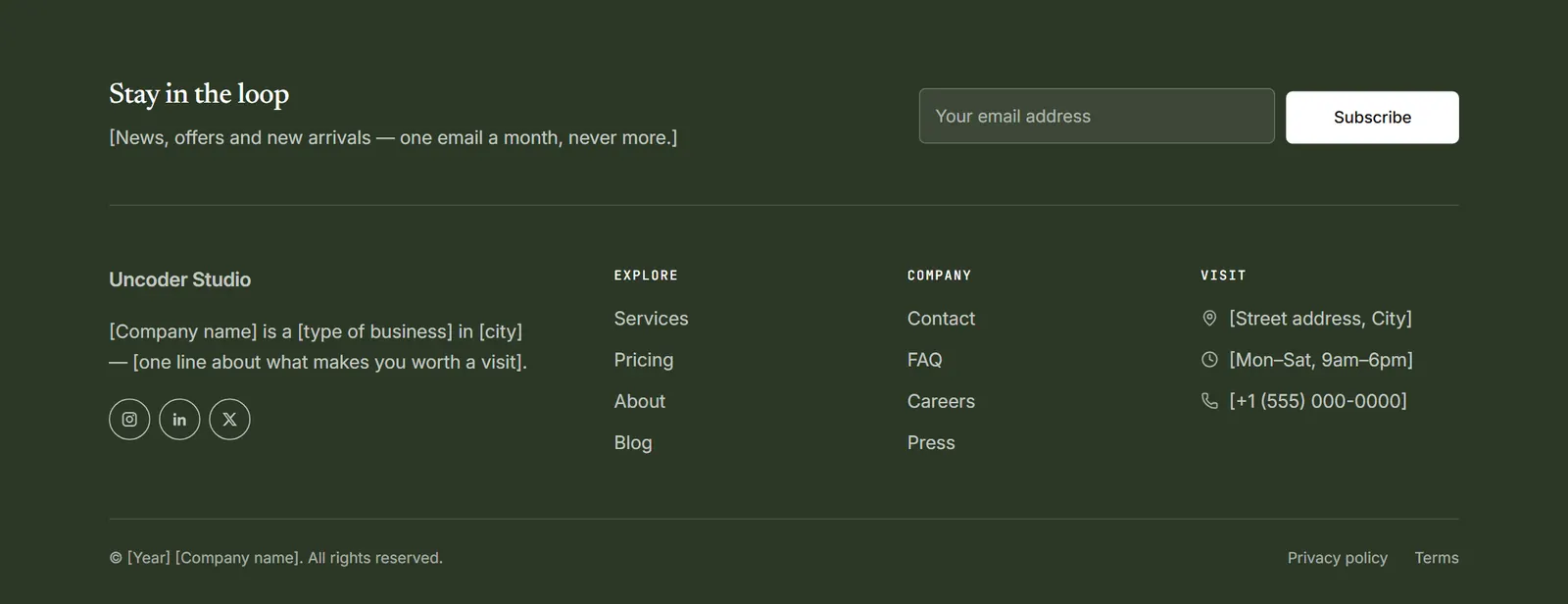 Preview of the “Newsletter band and columns, dark” section pattern with its placeholder content
