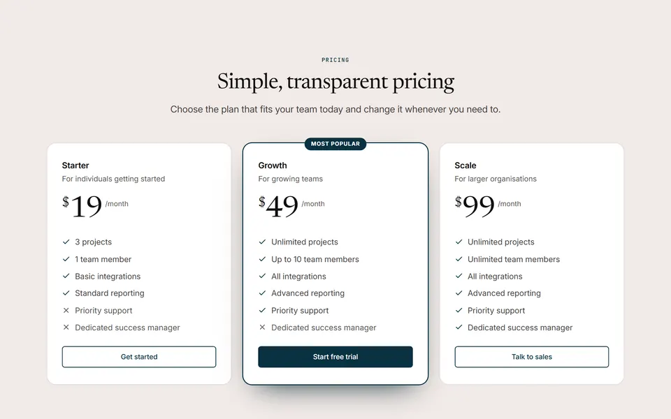 Preview of the “Three plans, middle highlighted” section pattern with its placeholder content