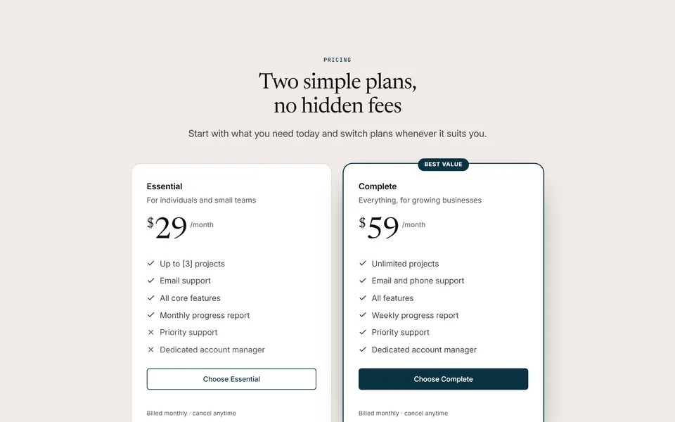 Preview of the “Two plans side by side” section pattern with its placeholder content