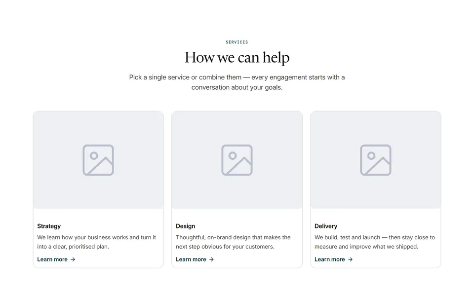 Preview of the “Image cards with links” section pattern with its placeholder content