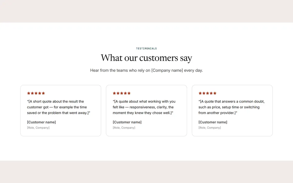 Preview of the “Three cards” section pattern with its placeholder content