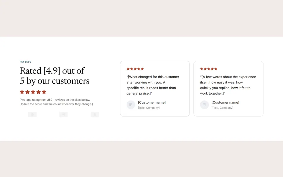 Preview of the “Rating summary with logos” section pattern with its placeholder content