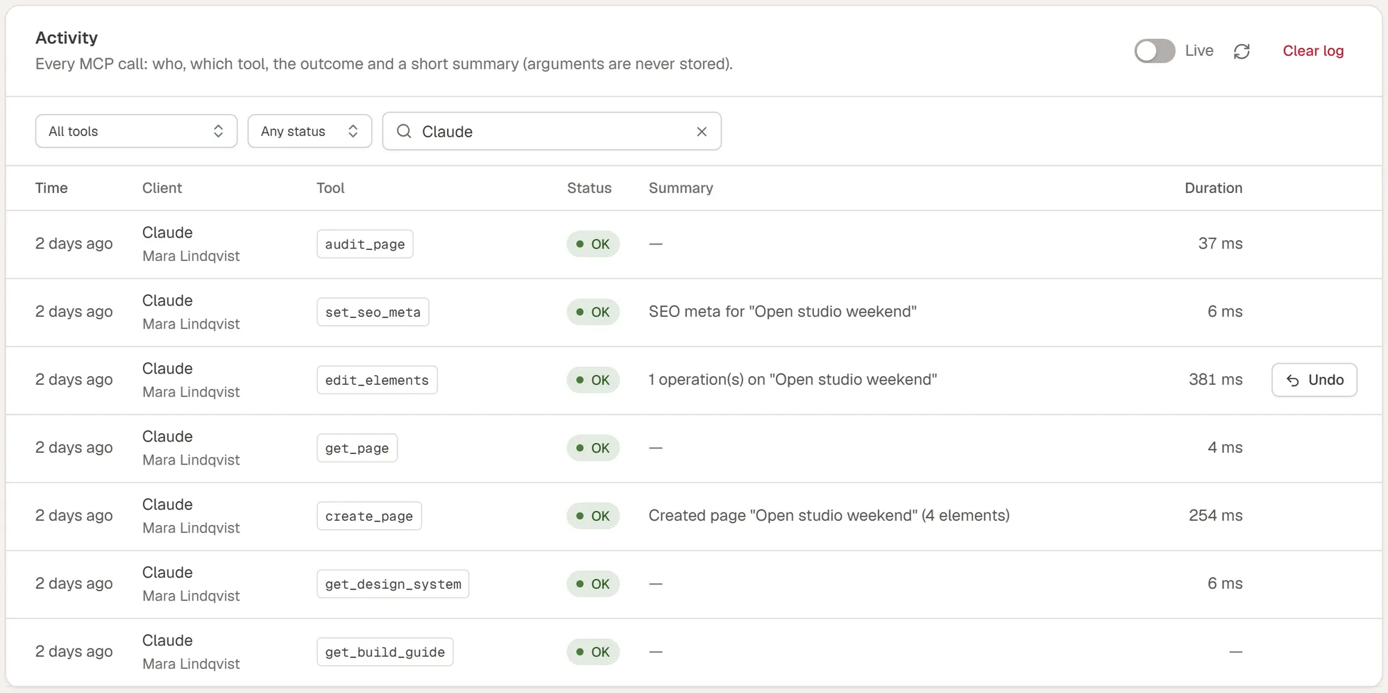 The AI activity log: each tool call with the app that made it, a summary of the change and an undo button
