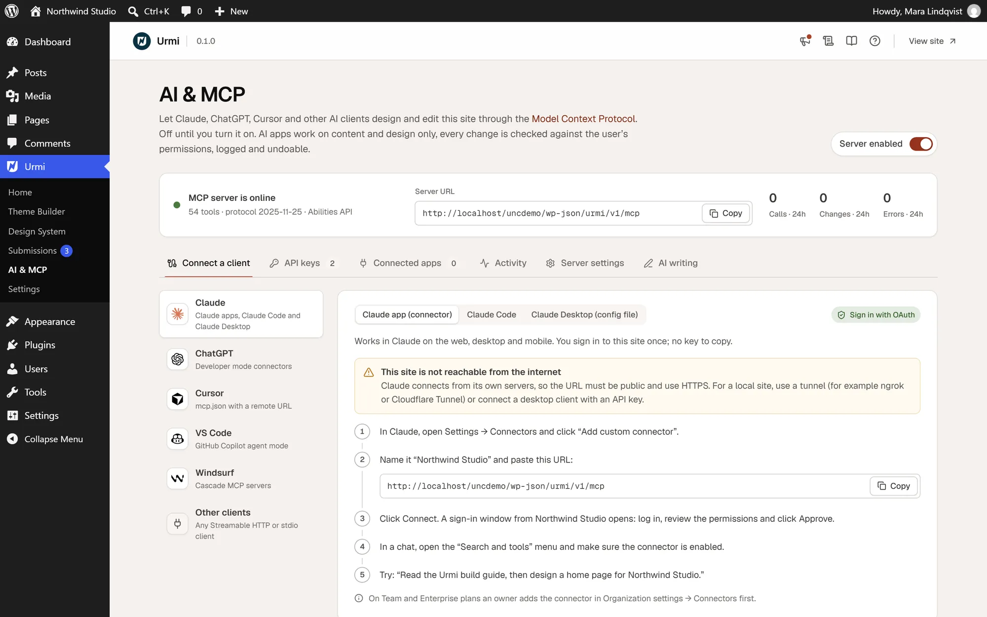 The AI & MCP screen in the WordPress dashboard with the server status and connection guides for Claude, ChatGPT, Cursor, VS Code, Windsurf and other clients