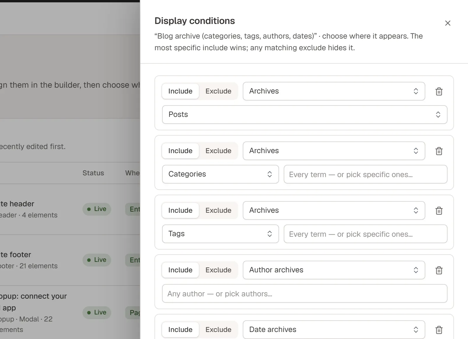 The display conditions dialog of a blog archive template: it includes the posts archive, category and tag archives, author archives and date archives