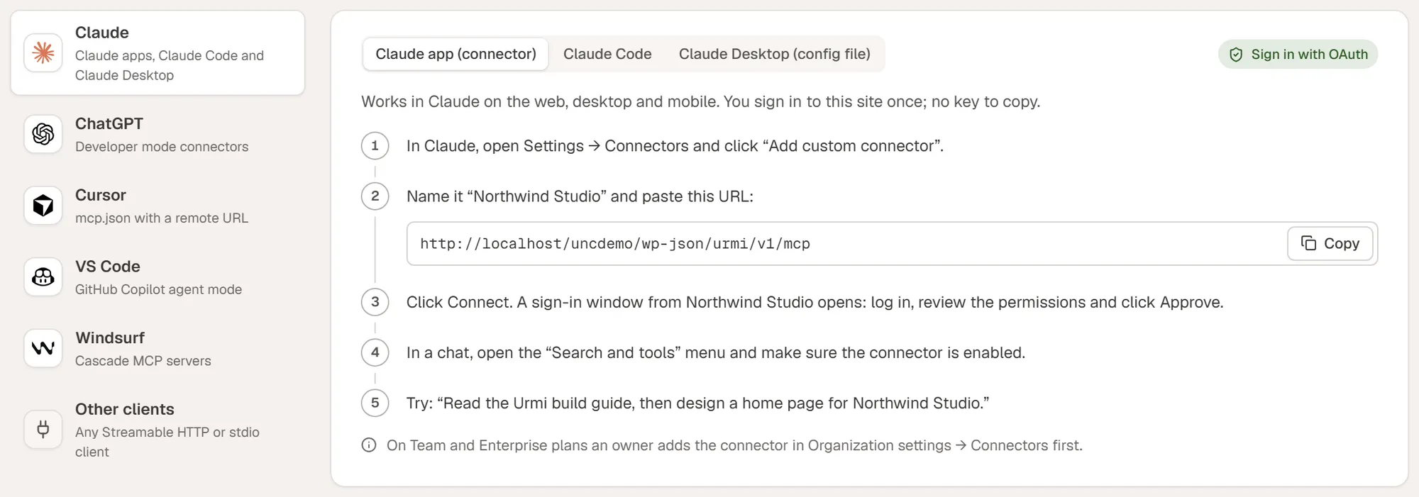 The connect steps for Claude on the Urmi AI & MCP screen: add a custom connector, paste the server URL, sign in and approve