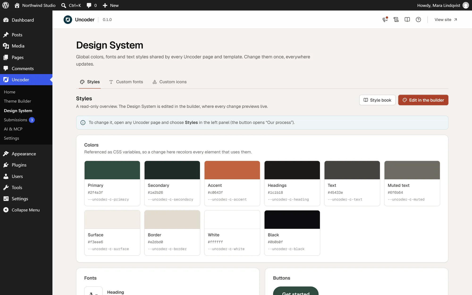 The Design System screen with brand colors, fonts, text styles and the button style