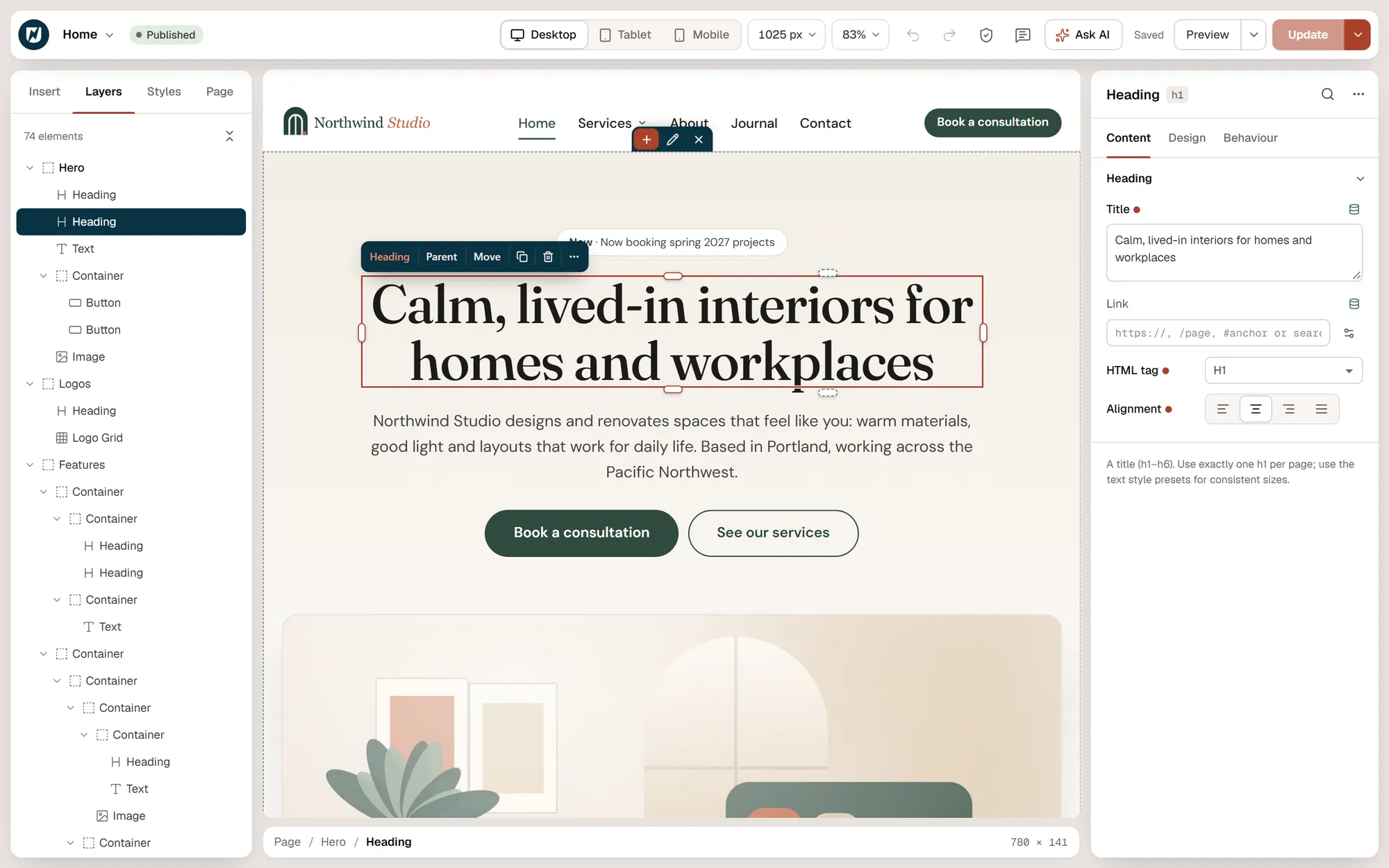 The Urmi editor: the Layers panel lists the page structure, a heading is selected on the live canvas and its settings are open on the right