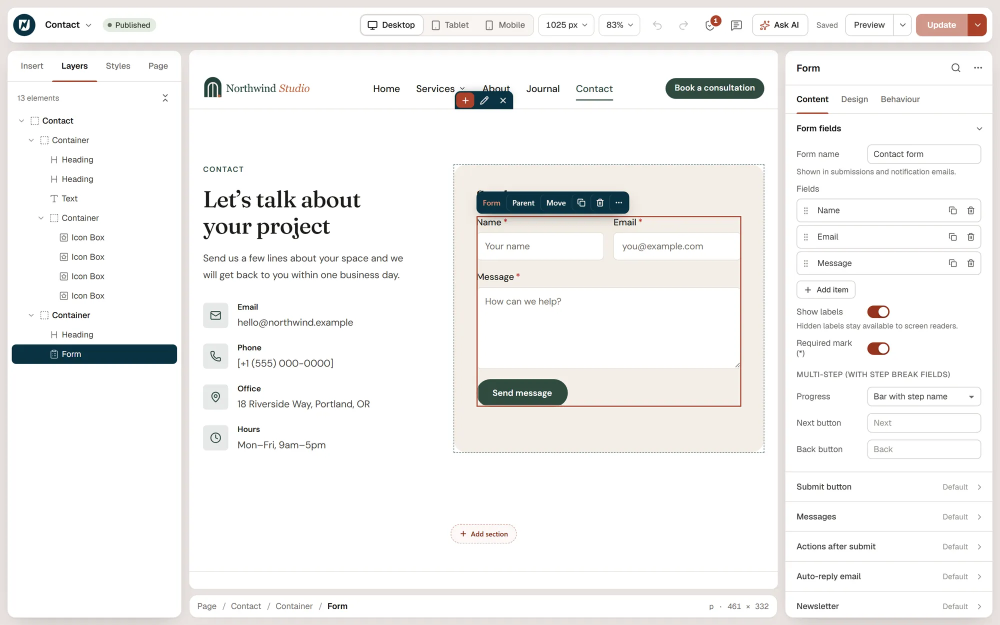Editing a contact form in Urmi, with the form fields, submit actions and auto-reply settings in the right panel