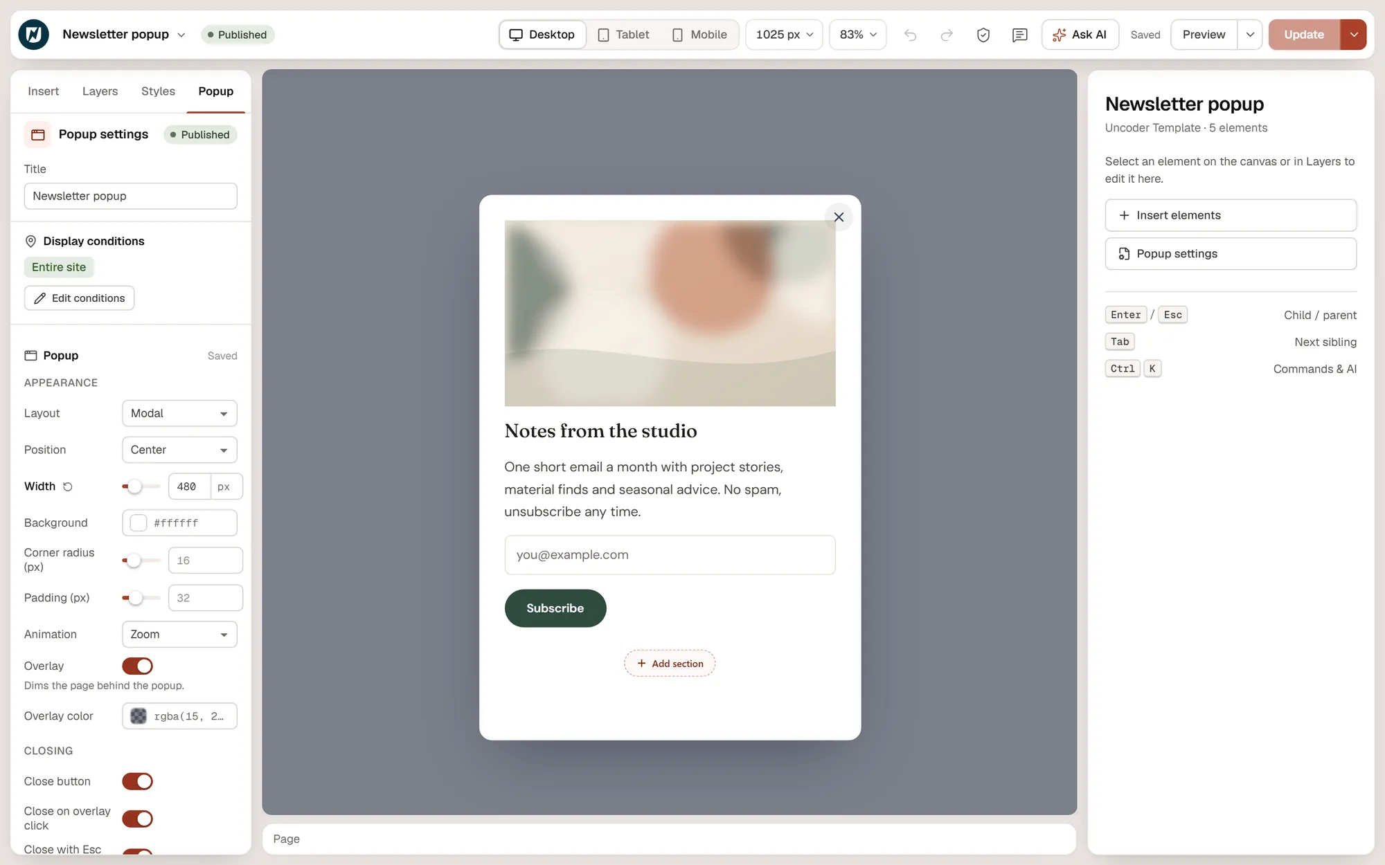 Editing a newsletter popup in Urmi, with the popup layout, width, overlay and closing options in the left panel
