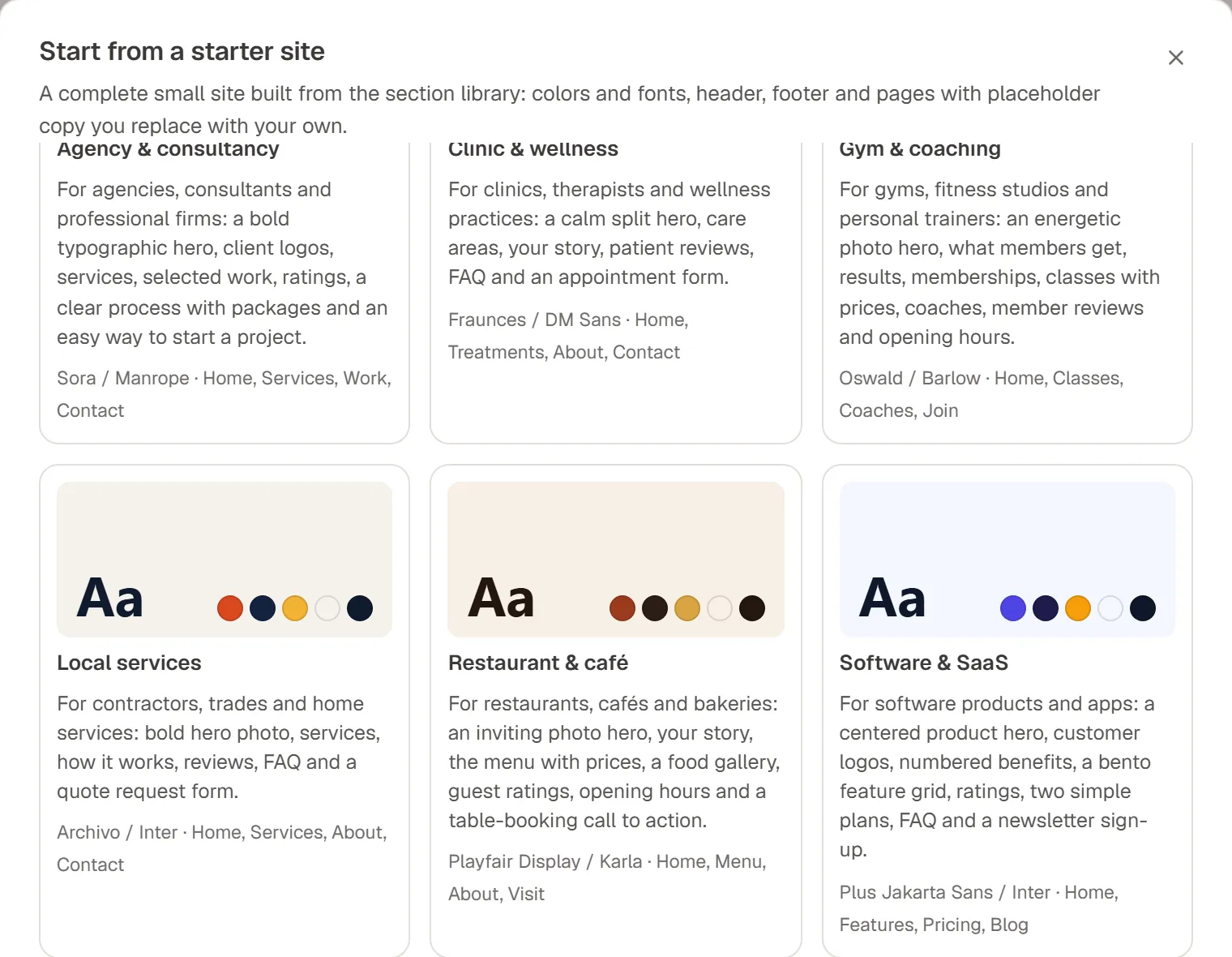 The “Start from a starter site” dialog listing starter sites with their fonts, colors and pages