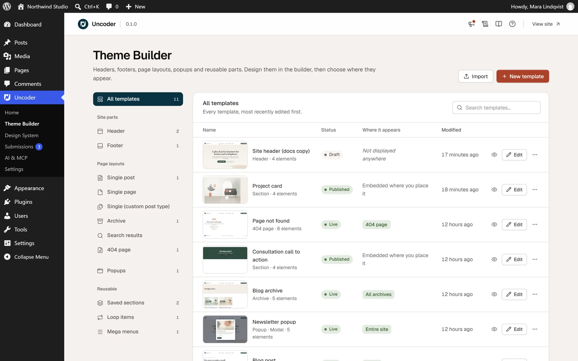 The Urmi Theme Builder listing headers, footers, single, archive, 404 and popup templates with live thumbnails and display conditions